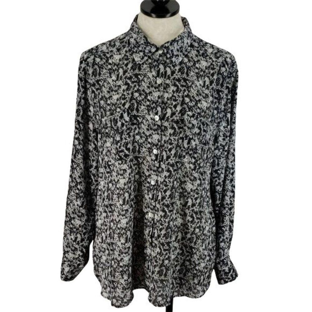 Nicola sheer black Abstract print button down large long sleeve roll tab shirt